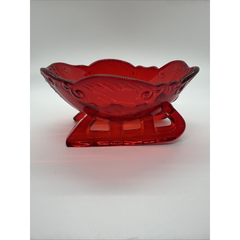 Mosser Ruby Red Glass Sleigh Candy Dish Bowl Decorative Pedestal Base Dish